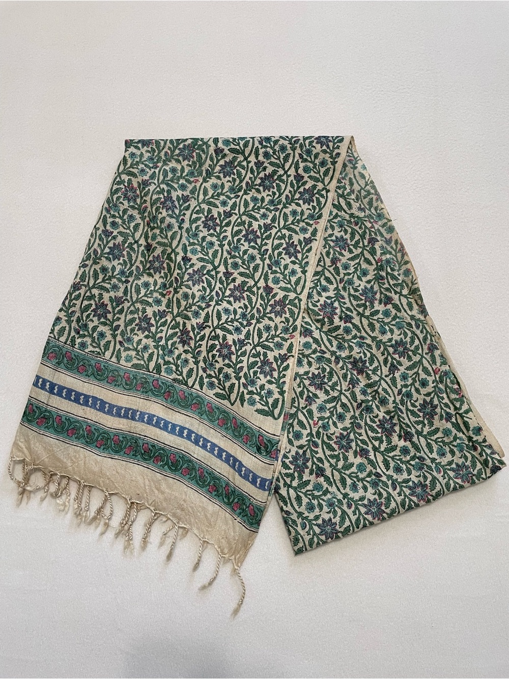 Back to Basics Vintage Floral Scarf Green Cream Boho Fringe Shawl Wrap Organic